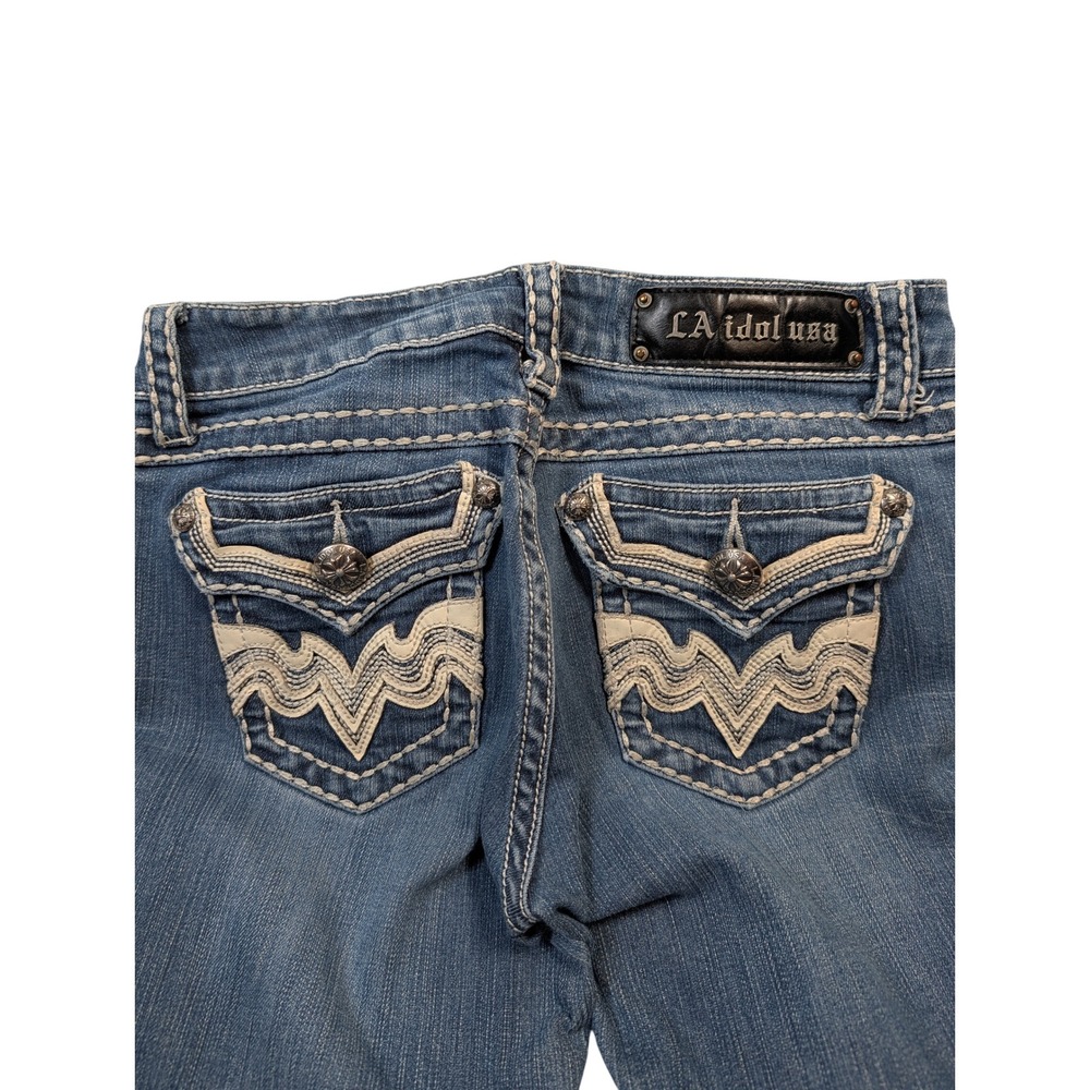 LA Idol Women Distressed Bootcut Jeans Size 28 Blue Denim